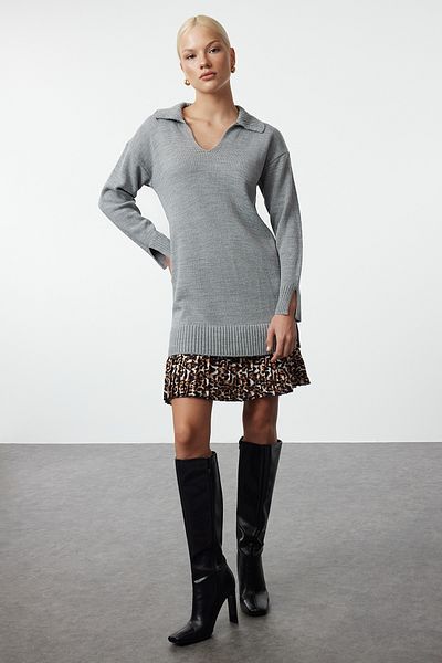 Trendyol Collection Dark Gray Mini Dress with Knitwear Garnish - Twoaw25El00061