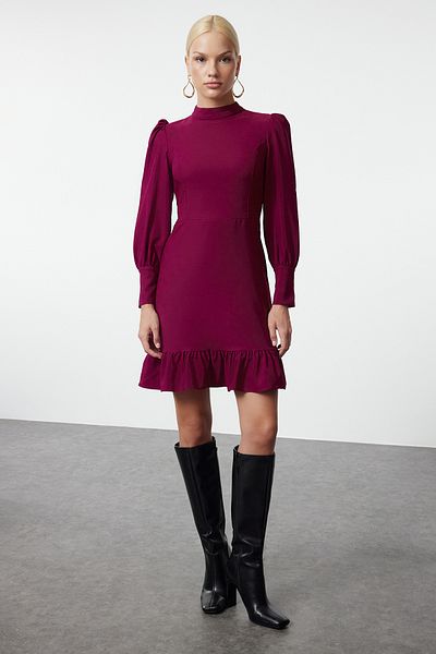 Trendyol Collection Lila Minikleid mit Stehkragen und gerafftem Rock in A-Linie - TWOAW21EL1816