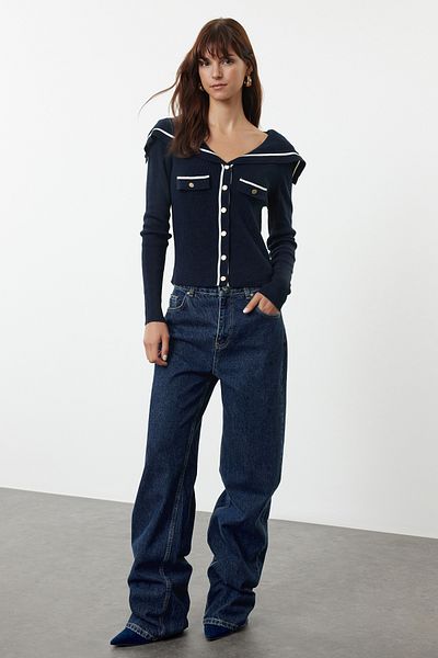Trendyol Collection Ágyazási gallér, sötétkék blokk kötöttáru kardigán - TWOAW25HI00037