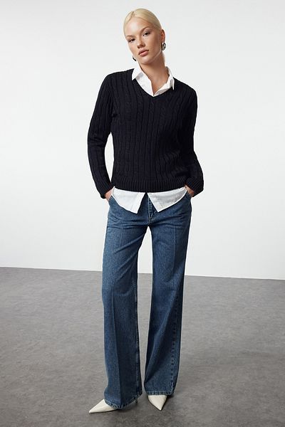 Trendyol Collection Egyszerű sötétkék pamut kötöttáru pulóver - TWOAW25KZ00249