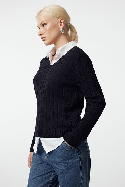 Trendyol Collection Egyszerű sötétkék pamut kötöttáru pulóver - TWOAW25KZ00249