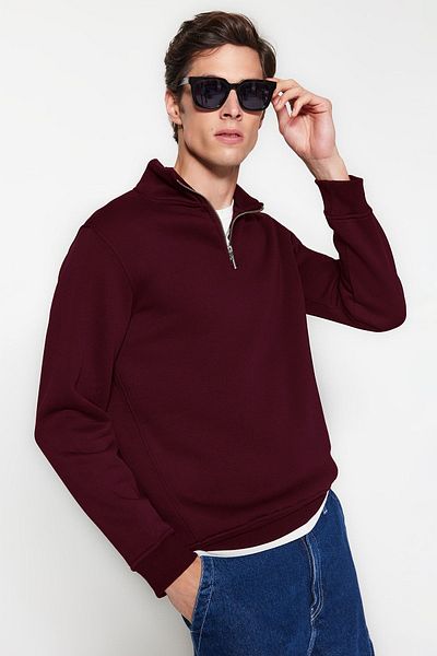 Trendyol Collection Burgunderrotes Polar-Sweatshirt mit normaler Passform und Stehkragen und Reißverschluss – TMNAW24SW00041
