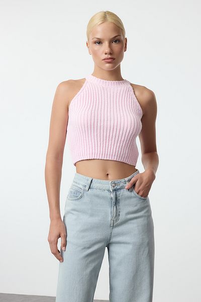 Trendyol Collection Pink Crop Blouse-Cardigan Set Fitted/Body-Hugging Knitwear Cardigan Twoaw25Hi00167