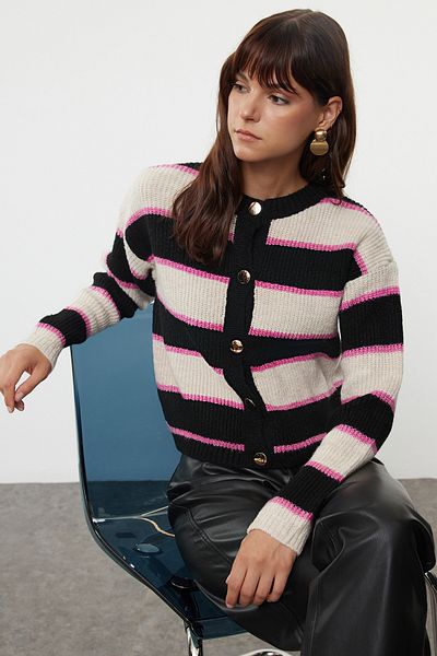 Trendyol Collection Crew Neck Black Knitwear Cardigan - Soft Texture, Color Block Twoaw25Hi00279