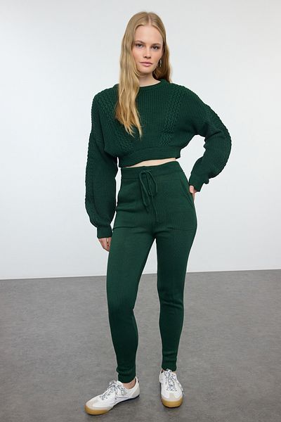 Trendyol Collection Emerald Green Crop Crew Neck kötöttáru felső és alsó készlet TWOAW21AU0047