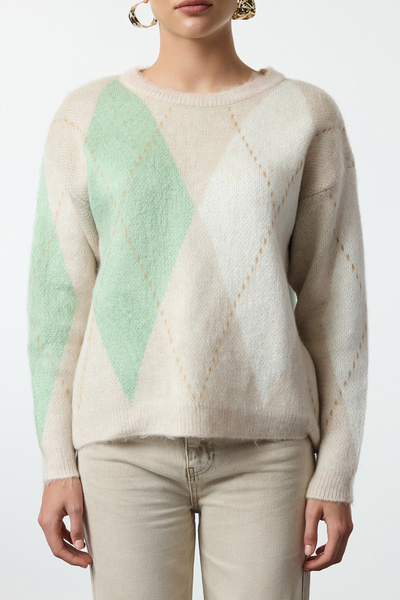 Trendyol Collection Crew Neck Diamond Patterned Soft Textured Knitwear Sweater - Twoaw25kz00263