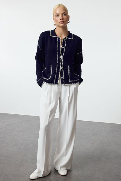 Trendyol Collection Polo gallér sötétkék blokk kötöttáru kardigán - TWOAW25HI00218