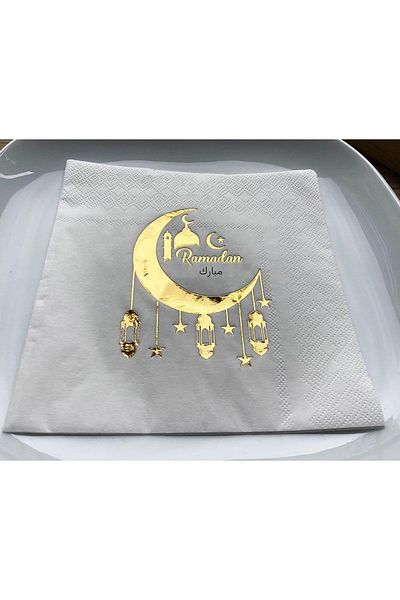 Parti dolabı 16 Pieces Ramadan Mubarak Gold Shiny Napkin Gold Leaf Ramadan Themed Iftar Table Religious Ornament 16x16cm