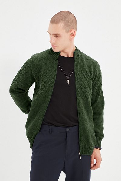 Trendyol Collection Halber Rollkragen-Khaki-Strick-Baklava-Cardigan – TMNAW22HI0146
