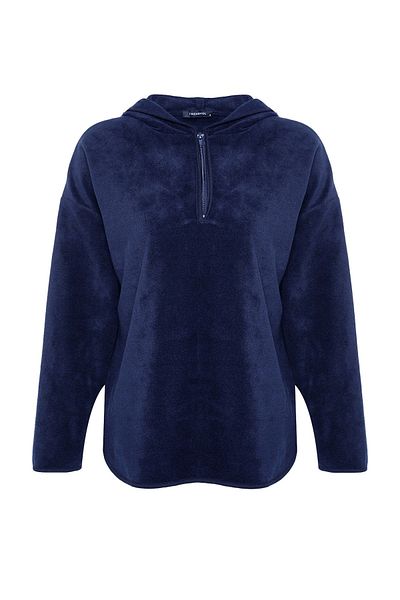 Trendyol Collection Тъмносин плътен полар с качулка и цип Oversize/широк плетен суичър TWOAW22SW2063