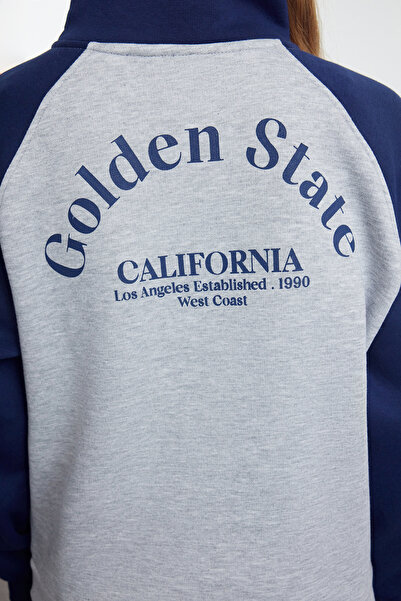 Trendyol Collection Šedá oversize mikina - Melange Color Block, Slogan Print, Raglánový rukáv - Twoaw25sw00131