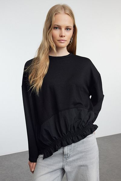 Trendyol Collection Hanorac negru tricotat cu detaliu de parașută cu taste moi - Potrivire obișnuită TWOAW25SW00087