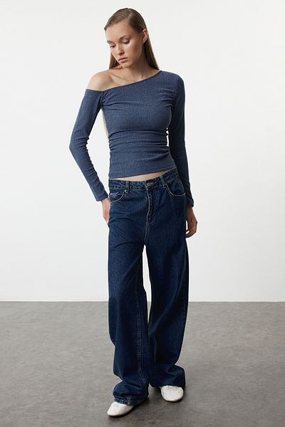 Trendyol Collection Asymmetrical Gathered Indigo πλεκτή μπλούζα - Boat Neck, Εφαρμοσμένη TWOAW25BZ00100