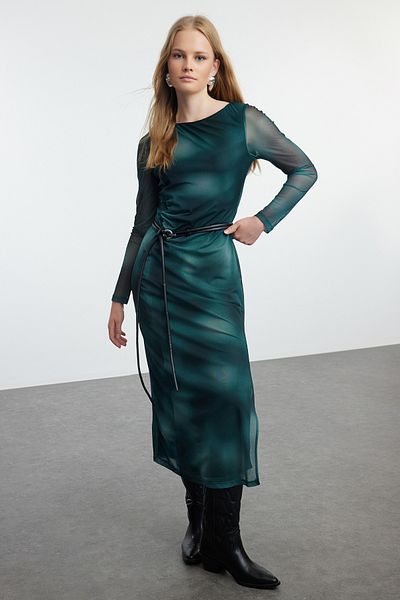 Trendyol Collection Πράσινο ελαστικό τούλι μάξι φόρεμα - αφηρημένο σχέδιο, εφαρμοστό TWOAW25EL00222