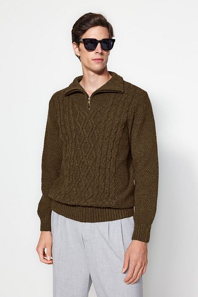 Trendyol Collection Кафяв мъжки обикновен трикотажен пуловер с трикотаж наполовина с яка и коса Tmnaw24Kz00047