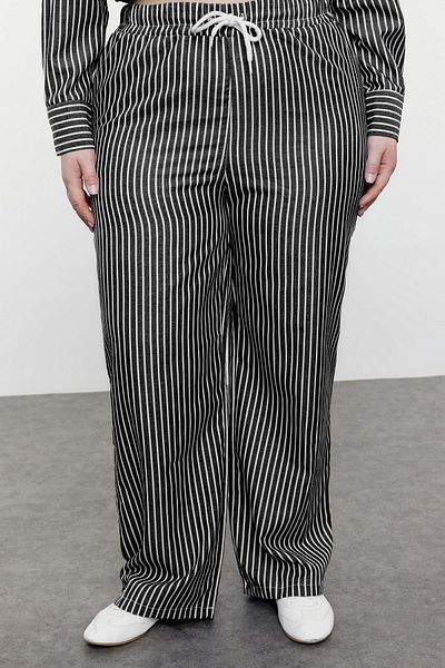 Trendyol Curve Black-And-White Flexible Waist Striped Woven Large Size Shirt-Pants Bottom-Top Suit