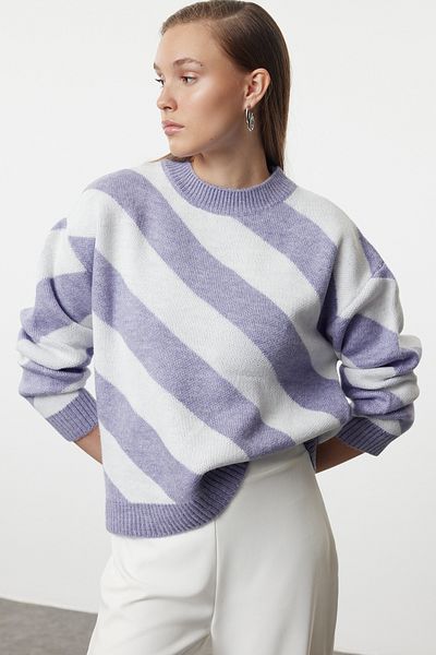 Trendyol Modest Lila csíkos pulóver - kötöttáru, TCTAW25AK00059