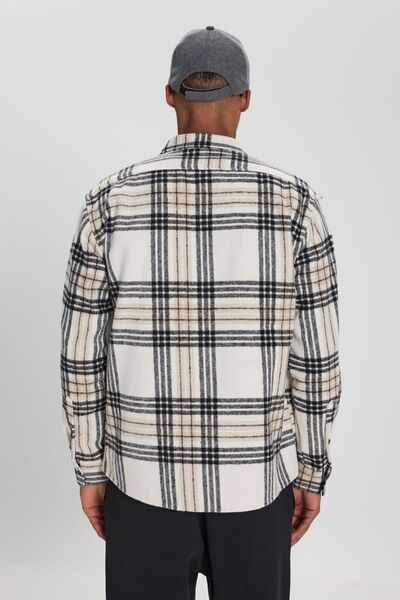 AC&Co / Altınyıldız Classics Férfi bézs fekete túlméretes laza szabású gombos gallér zseb, kockás mintás favágó téli ingkabát