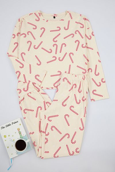Trendyol Collection Beige 100% Cotton Christmas Themed Knitted Pajamas Set Thmaw21Pt0771