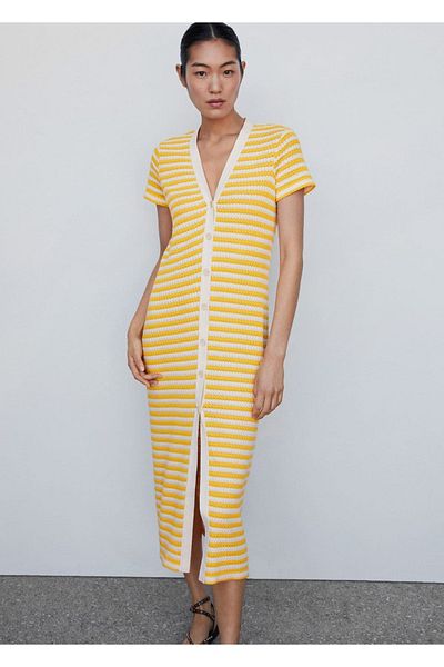 MANGO Woman Ριγέ πλεκτό φόρεμα