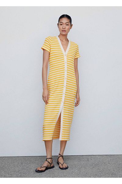 MANGO Woman Ριγέ πλεκτό φόρεμα
