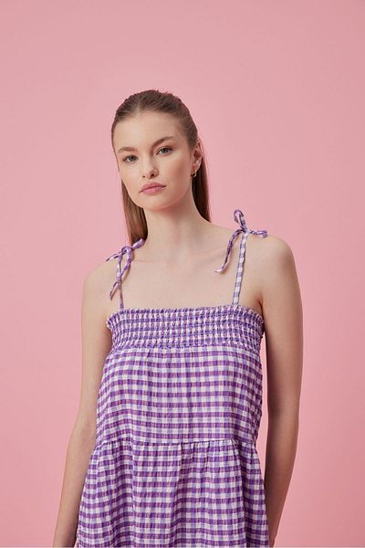 mathilda store Purple Midi Dress - Adjustable Rope Strap, Elastic Chest Detail, Gingham, Unlined Stylish Without Pockets