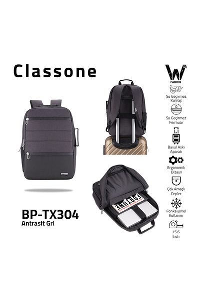 Classone BP-TX304 Combo Series 15.6 بوصة قماش مقاوم للماء وسحاب للكمبيوتر المحمول، حقيبة ظهر للكمبيوتر المحمول - أنثراسيت