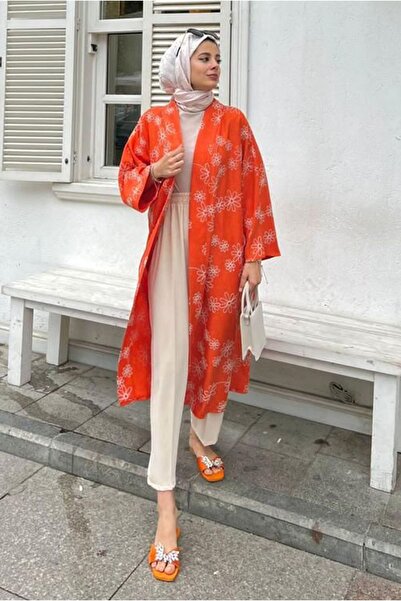 Moda Rosa 24Y5064 بلاط - كيمونو كتان مطرز بزهرة الأقحوان