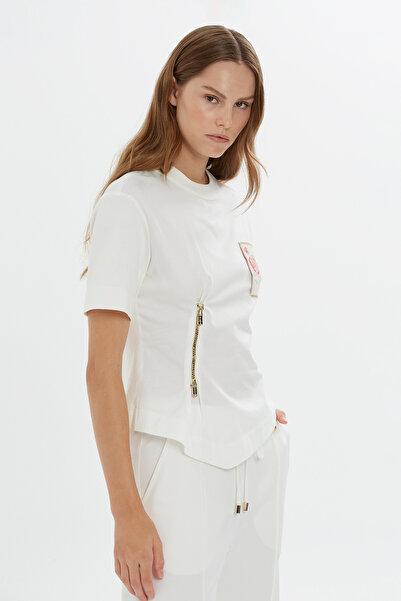 GIZIA SPORT Fermuar Detaylı Ekru Kısa Kollu Tshirt