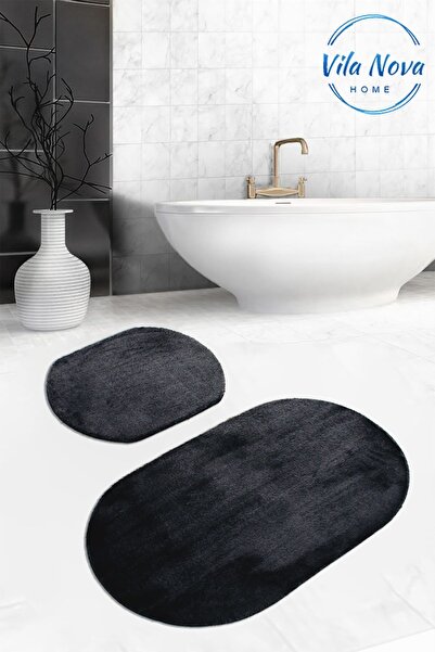 Vila Nova Home Set de 2 covor de baie moale, lavabil, oval, negru, de culoare...