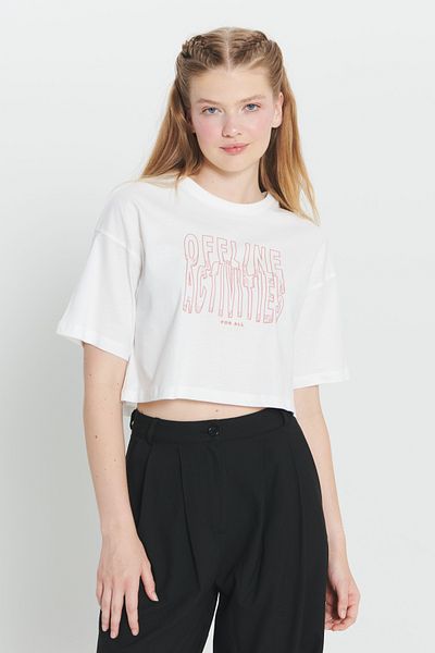 AC&Co / Altınyıldız Classics Μπλουζάκι Ecru Oversize Crop - 100% βαμβάκι, λαιμόκοψη, στάμπα