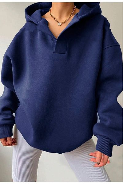 West Way Oversize Hooded Fleece Women's Sweatshirt - Collar Detailed