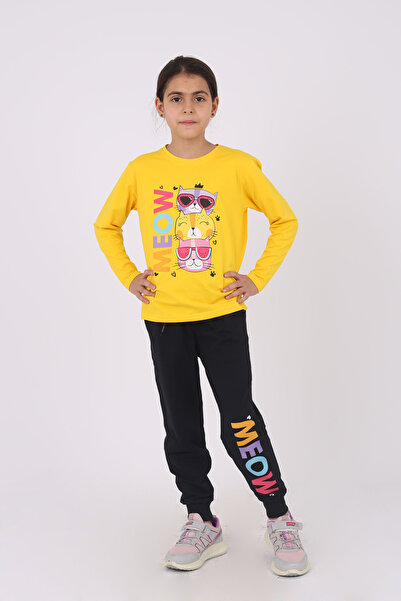 Çiggo Kids Girl's Cotton Under-top Set - Meow Cat Print, Crew Neck, Long Sleeve