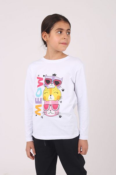 Çiggo Kids Girl's Cotton Under-top Set - Meow Cat Print, Crew Neck, Long Sleeve