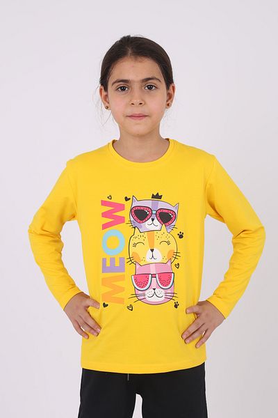 çiko kids Girl's Cotton Under-top Set - Meow Cat Print, Crew Neck, Long Sleeve