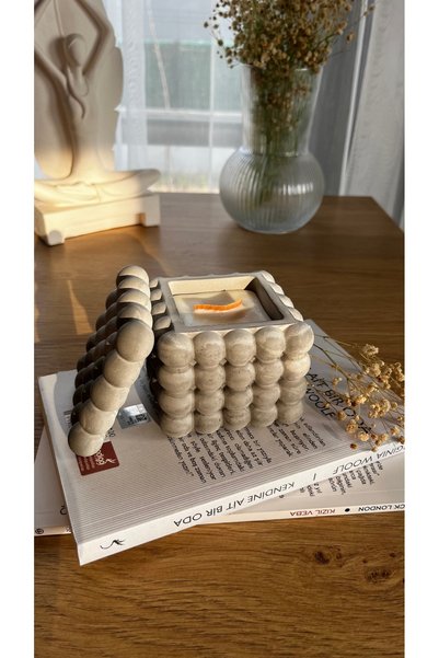 Jasmine Candle Şömine Sesli Ahşap Fitilli Mum & Beton Kapaklı Dekoratif Bubble Organizer Tabak/Kutu