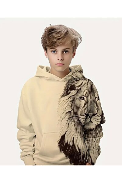 Çnru ASLAN FİGÜR BASKILI, KANGURU CEP, KAPŞONLU ERKEK ÇOCUK SWEATSHIRT