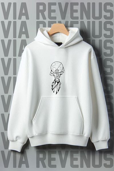 Vordevia Atlas Printed Kangaroo Pocket 3 Thread Raster Oversize Wide Fit White Hooded Sweatshirt