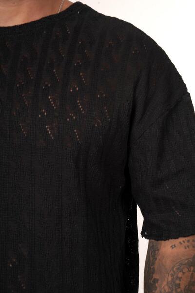 SCSARVİN Siyah Motif Delikli Oversize Knitwear T-SHİRT, Bej Keten Pantolon