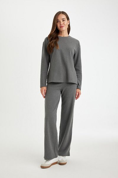 DeFacto Antrasit Triko Pantolon Wide Leg Geniş Bol Paça Selanik Kumaş Basic Düz D0361ax24au