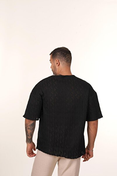 SCSARVİN Siyah Motif Delikli Oversize Knitwear T-SHİRT, Bej Keten Pantolon