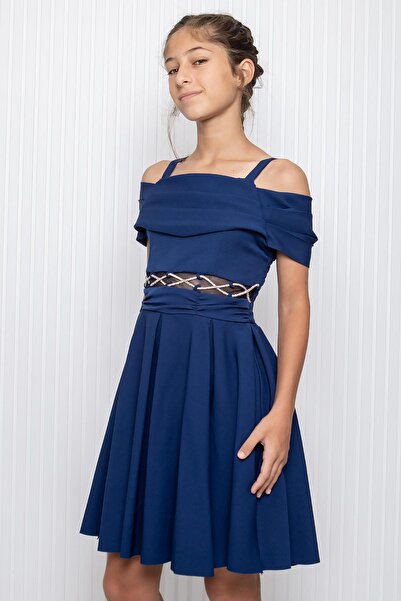 SUBU TASARIM Kız Çocuk Bel Detaylı Abiye Elbise Lacivert MDV348