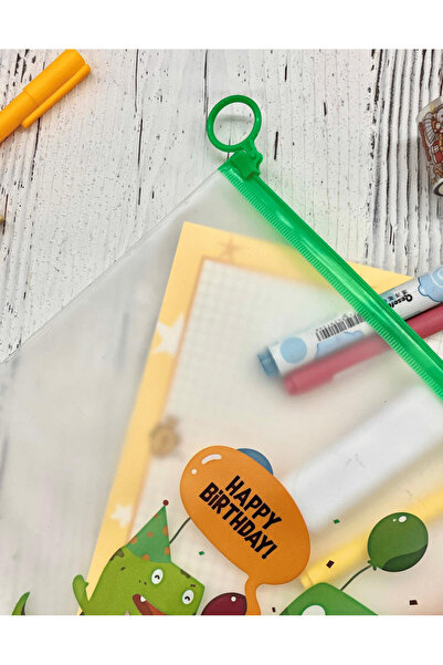 Kağıt Gemi Dükkan Şeffaf Tek Bölmeli Yeşil Dinazor Desenli A4 Fermuarlı Dosya Klasörü / Belge Dosyası/Düzenleyici Klas