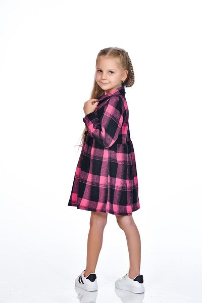 Kamex Fuchsia Black Girl's Dress - Long Sleeve, Plaid Square Pattern
