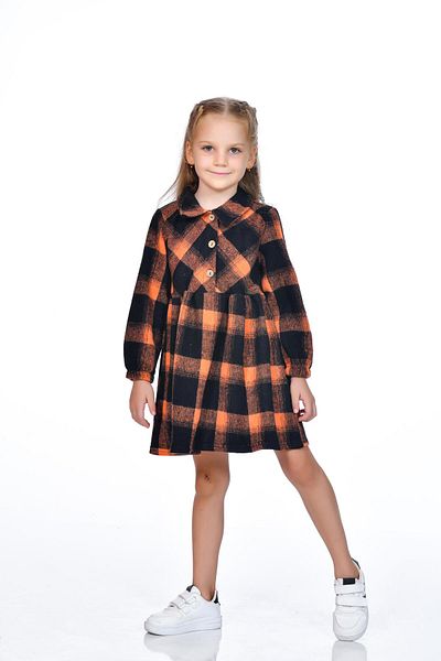 Kamex Orange Black Plaid Square Patterned Girl's Long Sleeve Dress