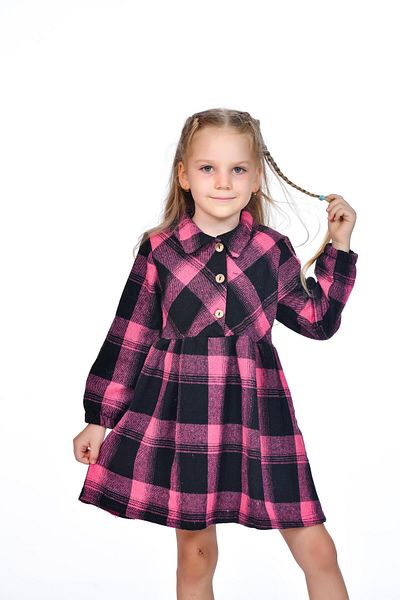 Kamex Fuchsia Black Girl's Dress - Long Sleeve, Plaid Square Pattern