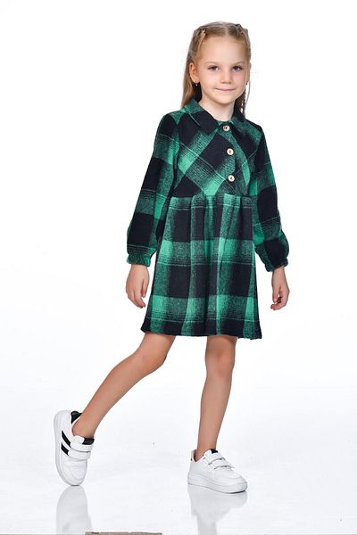 Kamex Green Black Girl's Dress - Plaid Square Pattern, Long Sleeve