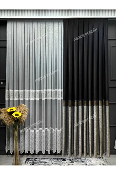Perde Pendik Fon Perde Pano Ekose Şeritli Siyah Gri Gold Sık Pile ( Tek Kanat )