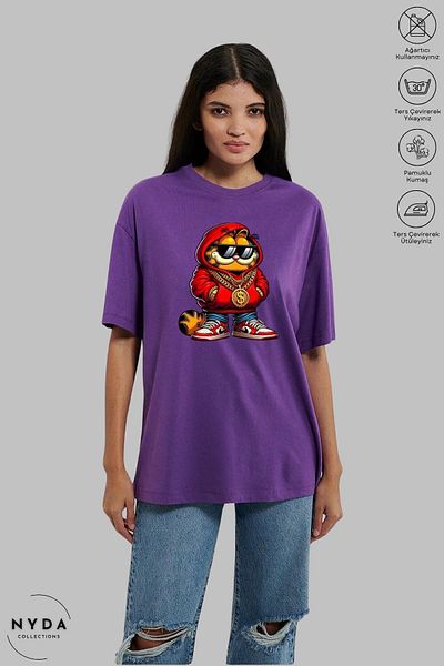 Nyda Collections Μπλουζάκι Garfield Printed Unisex Cotton Oversize - Crew Neck, Dollar κολιέ, κοντό μανίκι