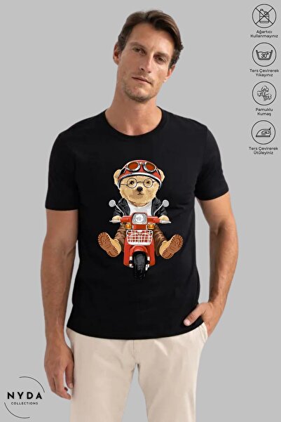 Nyda Collections Tricou cu mânecă scurtă, unisex, cu gât cu motor, ursuleț de...